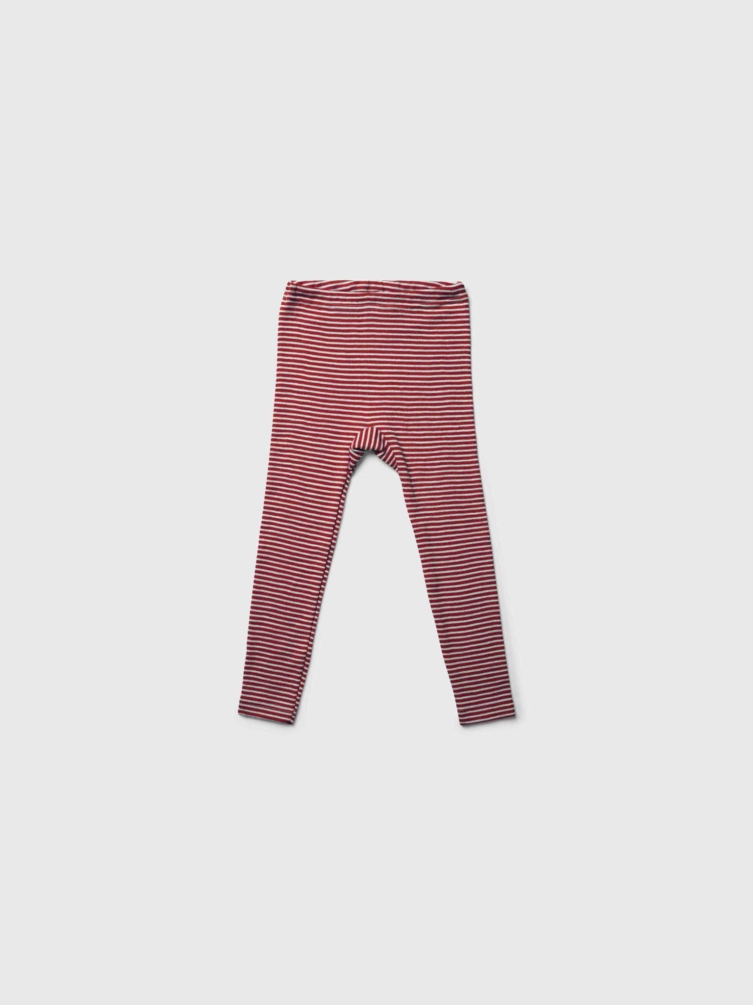 organic merino wool and silk kids leggings - red/natural stripe