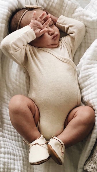 organic merino wool and silk long-sleeved crossover onesie - natural - Lila New York LLC