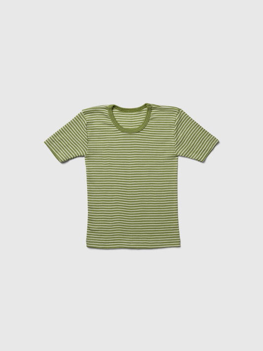 organic merino wool and silk t-shirt - green/natural stripe - LILA.US