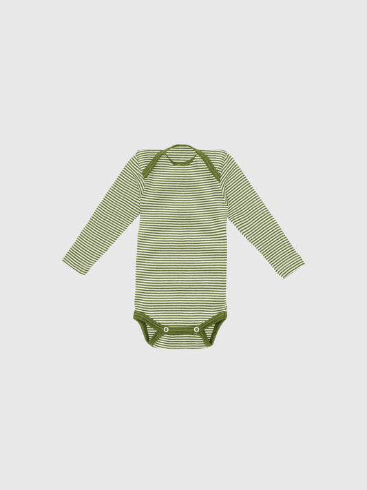 organic merino wool and silk long-sleeved onesie - green/natural stripe - LILA.US