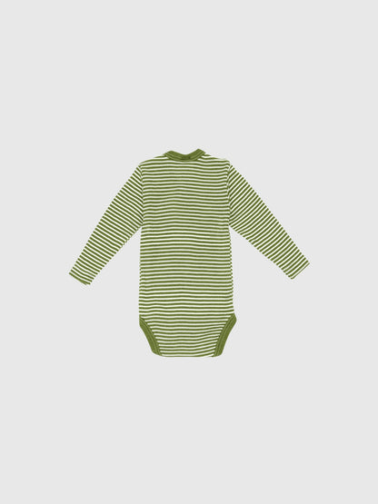 organic merino wool and silk long-sleeved onesie - green/natural stripe - LILA.US