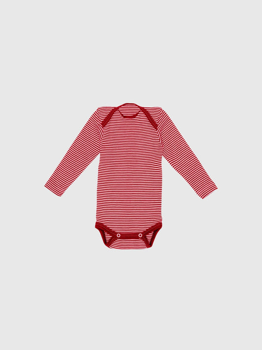 organic merino wool and silk long-sleeved onesie - red/natural stripe - LILA.US