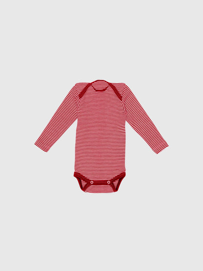 organic merino wool and silk long-sleeved onesie - red/natural stripe - LILA.US