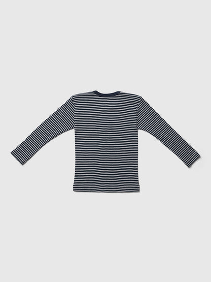 organic merino wool and silk shirt - navy/natural stripe - LILA.US