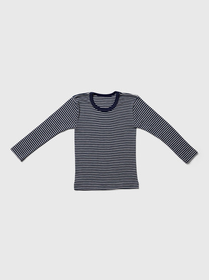 organic merino wool and silk shirt - navy/natural stripe - LILA.US